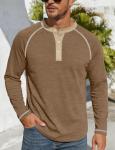 Men's Henry Long Sleeved T-Shirt Cotton Casual Button Lightweight Pullover Shirt Soft Stretch Tees Tops Heather Camel