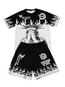 SHENHE Men's Shorts Set Y2K Outfits 2 Piece Crewneck Short Sleeve Graphic Tee Shirt and Baggy Shorts Streetwear Outfits Black Large