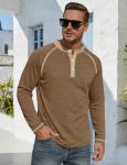 Men's Henry Long Sleeved T-Shirt Cotton Casual Button Lightweight Pullover Shirt Soft Stretch Tees Tops Heather Camel