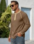 Men's Henry Long Sleeved T-Shirt Cotton Casual Button Lightweight Pullover Shirt Soft Stretch Tees Tops Heather Camel