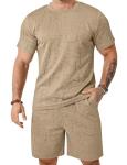 LecGee Men's 2 Piece Big and Tall Vacation Beach Outfits Letter Short Sleeves Top and Casual Shorts Sets(Khaki,XX-Large)