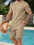 LecGee Men's 2 Piece Big and Tall Vacation Beach Outfits Letter Short Sleeves Top and Casual Shorts Sets(Khaki,XX-Large)