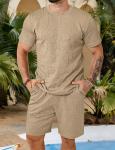 LecGee Men's 2 Piece Big and Tall Vacation Beach Outfits Letter Short Sleeves Top and Casual Shorts Sets(Khaki,XX-Large)