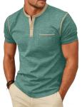 LINENNMAIN Men's Henley Shirt Casual Button Short Sleeve T-Shirt Summer Patchwork Color Block Tee Shirts Heather Dark Green