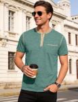 LINENNMAIN Men's Henley Shirt Casual Button Short Sleeve T-Shirt Summer Patchwork Color Block Tee Shirts Heather Dark Green