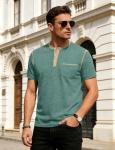 LINENNMAIN Men's Henley Shirt Casual Button Short Sleeve T-Shirt Summer Patchwork Color Block Tee Shirts Heather Dark Green
