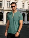 LINENNMAIN Men's Henley Shirt Casual Button Short Sleeve T-Shirt Summer Patchwork Color Block Tee Shirts Heather Dark Green