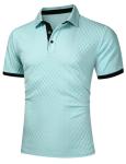 UOUA Mens Summer Short Sleeve Casual Polo Shirt Classic Button Textured Golf T Shirts Beach Vacation Vintage Top Light Blue XL