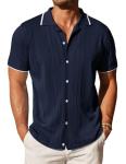COOFANDY Men's Short Sleeve Button Down Shirt Casual Crochet Knit Stylish Vintage Polo Shirts Blue