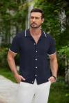 COOFANDY Men's Short Sleeve Button Down Shirt Casual Crochet Knit Stylish Vintage Polo Shirts Blue