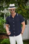 COOFANDY Men's Short Sleeve Button Down Shirt Casual Crochet Knit Stylish Vintage Polo Shirts Blue