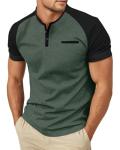 whox Mens Henley Shirts Short Sleeve Casual T-Shirts Cotton Basic Lightweight Summer Tops with Button Green Black