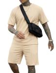 Babioboa Mens Short Sets 2 Piece Waffle Tracksuit Crewneck Short Sleeve Shirt and Shorts Set Summer Outfits(Khaki,Large)