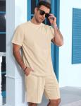 Babioboa Mens Short Sets 2 Piece Waffle Tracksuit Crewneck Short Sleeve Shirt and Shorts Set Summer Outfits(Khaki,Large)