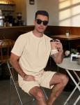 Babioboa Mens Short Sets 2 Piece Waffle Tracksuit Crewneck Short Sleeve Shirt and Shorts Set Summer Outfits(Khaki,Large)