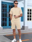 Babioboa Mens Short Sets 2 Piece Waffle Tracksuit Crewneck Short Sleeve Shirt and Shorts Set Summer Outfits(Khaki,Large)
