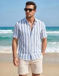 JMIERR Men's Summer Casual Stylish Short Sleeve Button-Down Shirts Cotton Linen Vertical Striped Business Dress Shirts Beach Shirt, L, Sky Blue