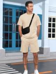 Babioboa Mens Short Sets 2 Piece Waffle Tracksuit Crewneck Short Sleeve Shirt and Shorts Set Summer Outfits(Khaki,Large)