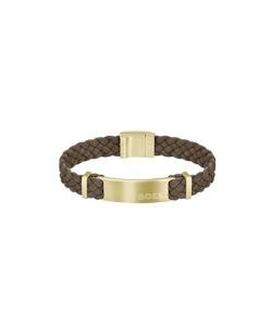 Hugo Boss Men's Gold and Brown Leather Bracelet