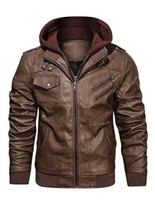 Men’s Faux Leather Zip-Up Bomber Jacket with Hood