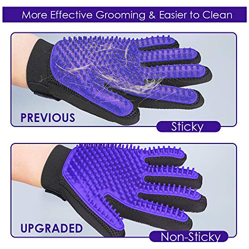 Upgrade Version Pet Grooming Glove - Gentle Deshedding Brush Glove - Efficient Pet Hair Remover Mitt - Enhanced Five Finger Design - Perfect for Dog & Cat with Long & Short Fur - 1 Pair (Purple)