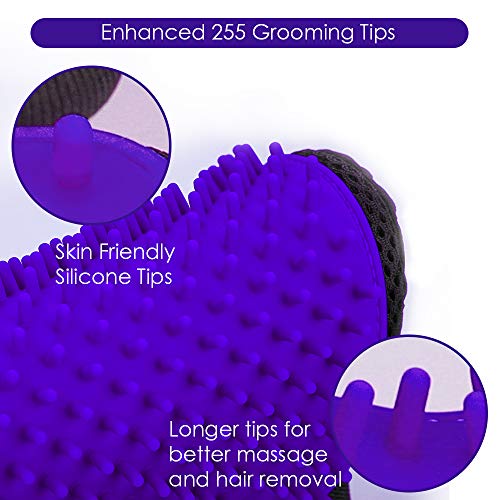 Upgrade Version Pet Grooming Glove - Gentle Deshedding Brush Glove - Efficient Pet Hair Remover Mitt - Enhanced Five Finger Design - Perfect for Dog & Cat with Long & Short Fur - 1 Pair (Purple)