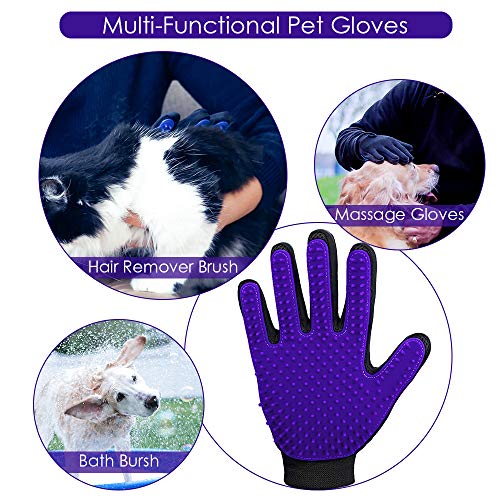 Upgrade Version Pet Grooming Glove - Gentle Deshedding Brush Glove - Efficient Pet Hair Remover Mitt - Enhanced Five Finger Design - Perfect for Dog & Cat with Long & Short Fur - 1 Pair (Purple)