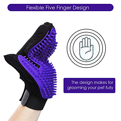 Upgrade Version Pet Grooming Glove - Gentle Deshedding Brush Glove - Efficient Pet Hair Remover Mitt - Enhanced Five Finger Design - Perfect for Dog & Cat with Long & Short Fur - 1 Pair (Purple)