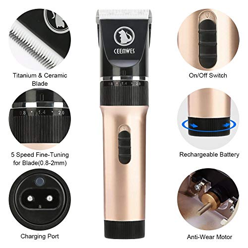 Ceenwes Pet Clippers (Upgrade Version) Low Noise Professional Dog Clippers Rechargeable Cordless Pet Clipper Trimmers Pet Hair Grooming Kit with Slicker Brush for Cats Dogs and Other Animals