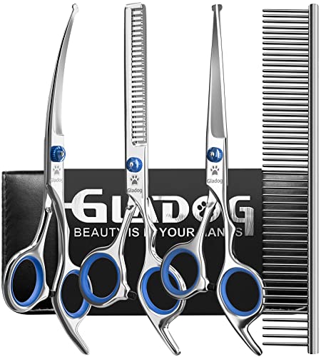 GLADOG Professional Dog Grooming Scissors Set, 4 in 1 Pet Grooming Scissors for dogs with Safety Round Tips, Sharp and Durable, Upgraded Pet Grooming Shears for Dogs and Cats