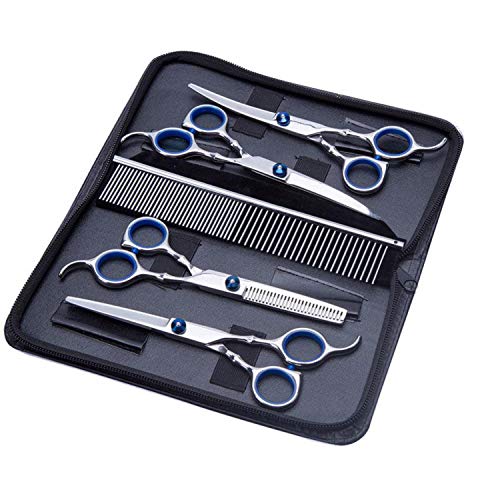 SunteeLong Pet Professional Dog Grooming Scissors with Safety Round Tip, Stainless Steel Pet Grooming Scissors Kit 6 Pcs Set w/Storage Case |for Dog & Cat Hair Trimming & Thinning