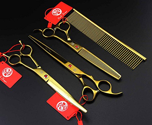 Purple Dragon 8 inch 3 in 1 Professional Pet Grooming Thinning Scissors - Upward Curved Shears and Dog Hair Cutting Scissor - Perfect for Pet Groomer or Family DIY Use (Gold)
