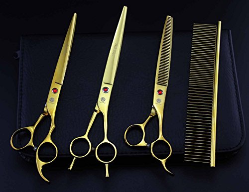 Purple Dragon 8 inch 3 in 1 Professional Pet Grooming Thinning Scissors - Upward Curved Shears and Dog Hair Cutting Scissor - Perfect for Pet Groomer or Family DIY Use (Gold)