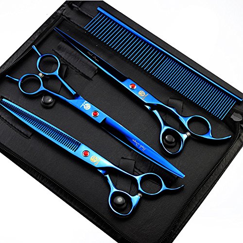 Purple Dragon 8 inch 3 in 1 Professional Pet Grooming Thinning Scissors - Upward Curved Shears and Dog Hair Cutting Scissor - Perfect for Pet Groomer or Family DIY Use (Blue)