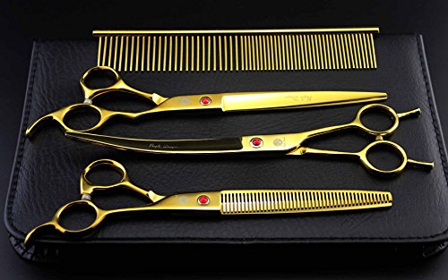 Purple Dragon 8 inch 3 in 1 Professional Pet Grooming Thinning Scissors - Upward Curved Shears and Dog Hair Cutting Scissor - Perfect for Pet Groomer or Family DIY Use (Gold)