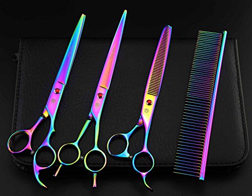 Purple Dragon 8 inch 3 in 1 Professional Pet Grooming Thinning Scissors - Upward Curved Shears and Dog Hair Cutting Scissor - Perfect for Pet Groomer or Family DIY Use (Rainbow)