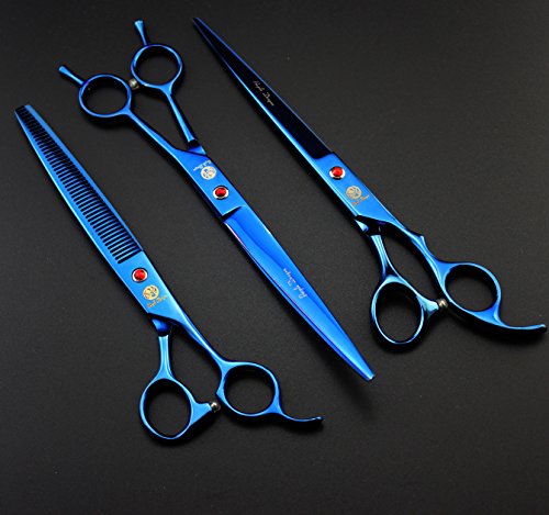 Purple Dragon 8 inch 3 in 1 Professional Pet Grooming Thinning Scissors - Upward Curved Shears and Dog Hair Cutting Scissor - Perfect for Pet Groomer or Family DIY Use (Blue)