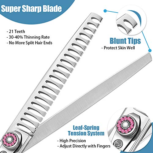 7 Inch Thinning Dog Grooming Scissors, 21Teeth Professional Chunker Schears Dog Grooming, 440C Japanese Stainless Steel Double Finger Rest Pet Blending, Trimming, Cutting Scissors for Groomers