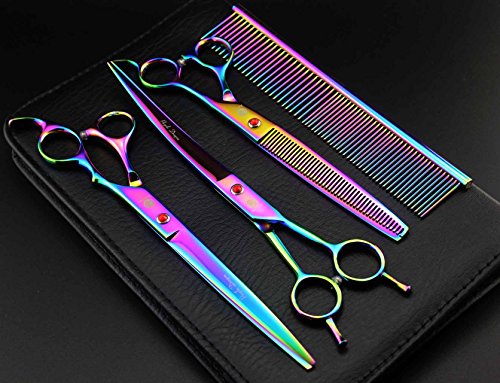 Purple Dragon 8 inch 3 in 1 Professional Pet Grooming Thinning Scissors - Upward Curved Shears and Dog Hair Cutting Scissor - Perfect for Pet Groomer or Family DIY Use (Rainbow)