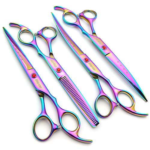 7.0in Titanium Rainbow Professional Pet Grooming Scissors Set,Straight & Thinning & Curved Scissors 4pcs Set for Dog Grooming,(Rainbow)
