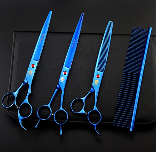 Purple Dragon 8 inch 3 in 1 Professional Pet Grooming Thinning Scissors - Upward Curved Shears and Dog Hair Cutting Scissor - Perfect for Pet Groomer or Family DIY Use (Blue)