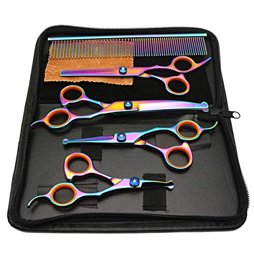 Winkeyes 5Pcs Pet Grooming Scissors Dog Cat Grooming Scissors Set 4CR Stainless Steel with Safety Round Tip, Heavy Duty Titanium Coated Grooming Scissors Kit, Thinning, Straight, Curved Shears Comb