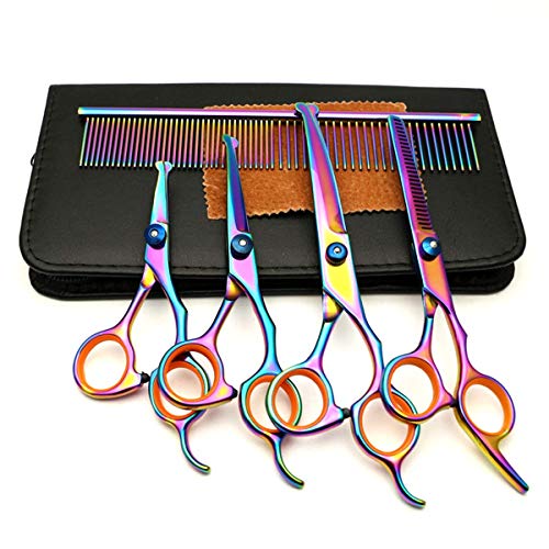 Winkeyes 5Pcs Pet Grooming Scissors Dog Cat Grooming Scissors Set 4CR Stainless Steel with Safety Round Tip, Heavy Duty Titanium Coated Grooming Scissors Kit, Thinning, Straight, Curved Shears Comb