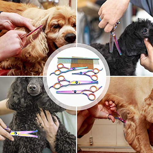 Winkeyes 5Pcs Pet Grooming Scissors Dog Cat Grooming Scissors Set 4CR Stainless Steel with Safety Round Tip, Heavy Duty Titanium Coated Grooming Scissors Kit, Thinning, Straight, Curved Shears Comb