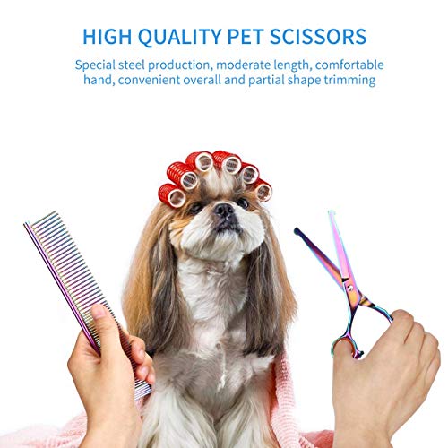 Winkeyes 5Pcs Pet Grooming Scissors Dog Cat Grooming Scissors Set 4CR Stainless Steel with Safety Round Tip, Heavy Duty Titanium Coated Grooming Scissors Kit, Thinning, Straight, Curved Shears Comb