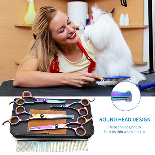 Winkeyes 5Pcs Pet Grooming Scissors Dog Cat Grooming Scissors Set 4CR Stainless Steel with Safety Round Tip, Heavy Duty Titanium Coated Grooming Scissors Kit, Thinning, Straight, Curved Shears Comb