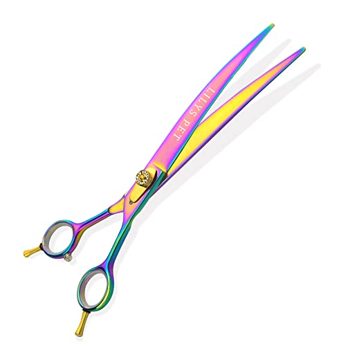 LILYS PET HIGH-END SERIES 8-Inch Japan 440C Rainbow Color Pet Grooming Two-way Curved Scissor,Delicate Gold Screw with Drilling