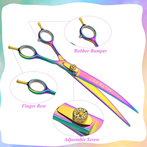 LILYS PET HIGH-END SERIES 8-Inch Japan 440C Rainbow Color Pet Grooming Two-way Curved Scissor,Delicate Gold Screw with Drilling