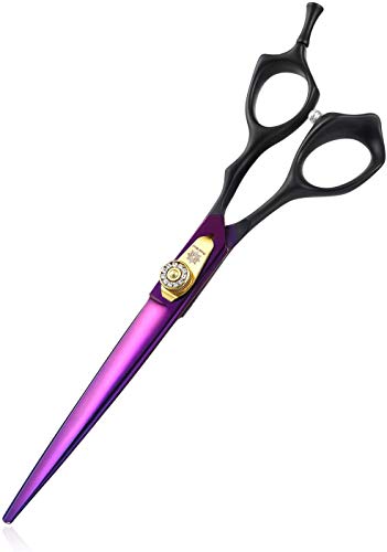 Dream Reach 7.0 inches Professional Decompressed Elastic Handle Pet Grooming Scissors Set,Straight & Chunker & 2 Curved Scissors 4pcs Set for Dog Grooming (Purple) (Cutting Scissor)