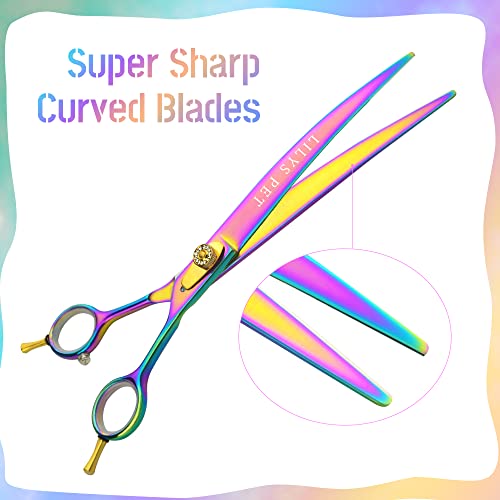 LILYS PET HIGH-END SERIES 8-Inch Japan 440C Rainbow Color Pet Grooming Two-way Curved Scissor,Delicate Gold Screw with Drilling